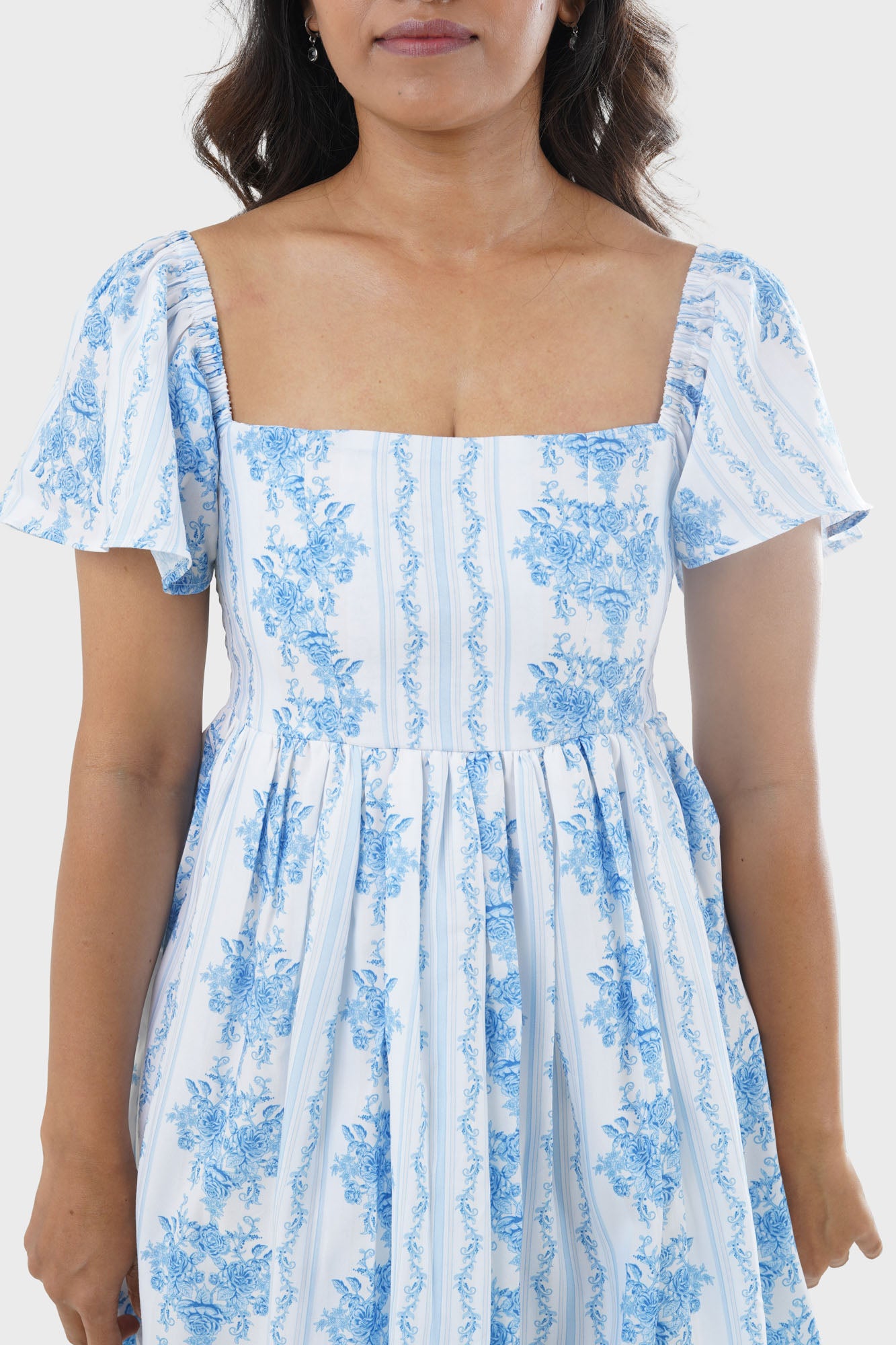 Seraphina Blue Lace Up Back Petite Dress, close up