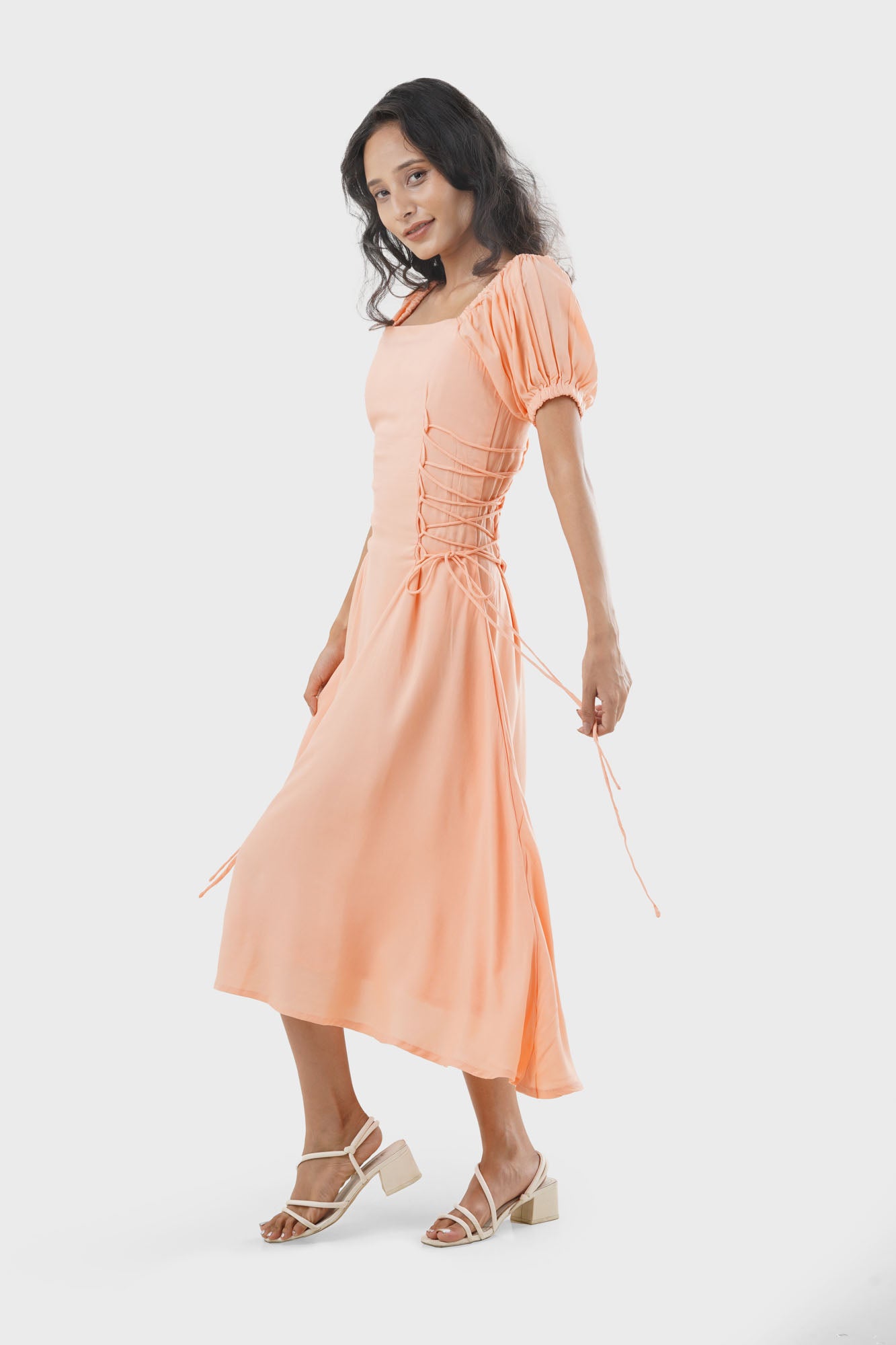 Calypso Peach Side Ties Petite Dress, Side view