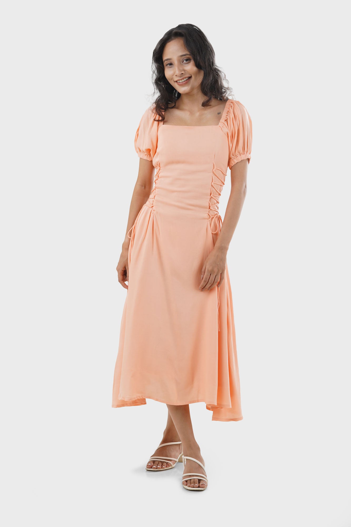 Calypso Peach Side Ties Petite Dress, Front view