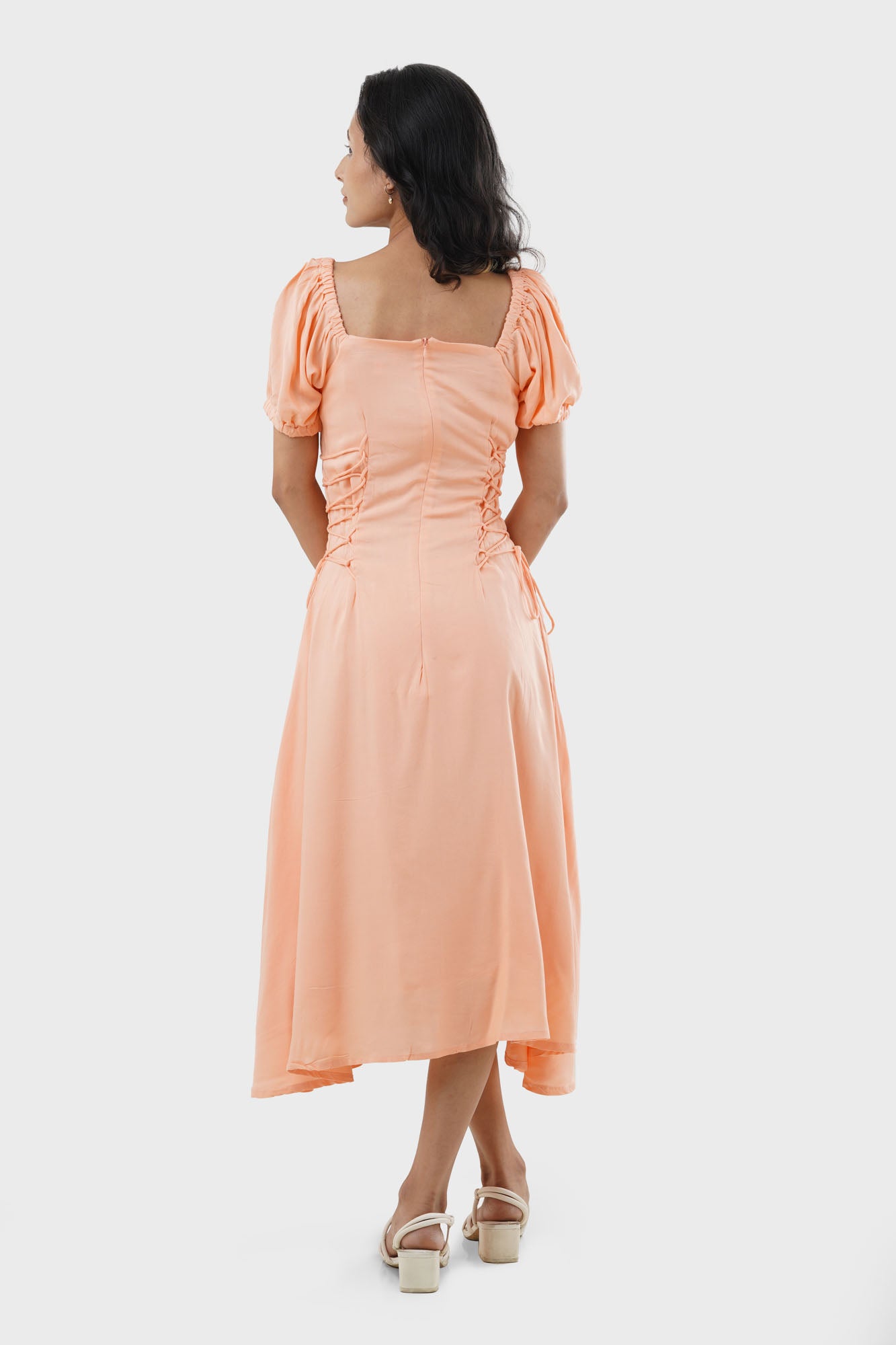 Calypso Peach Side Ties Petite Dress, Back View