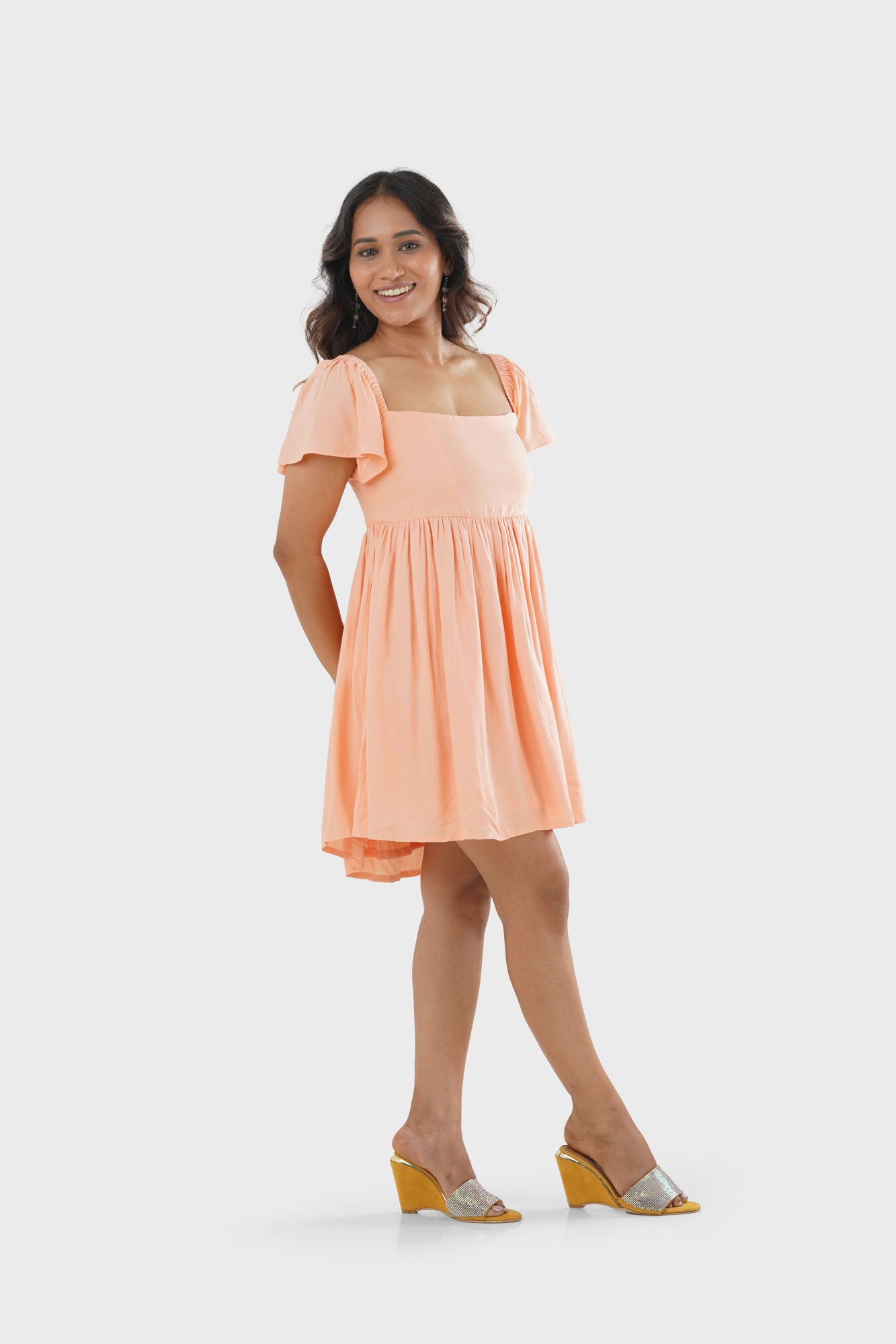 Seraphina Peach Lace Up Back Petite Dress, side view