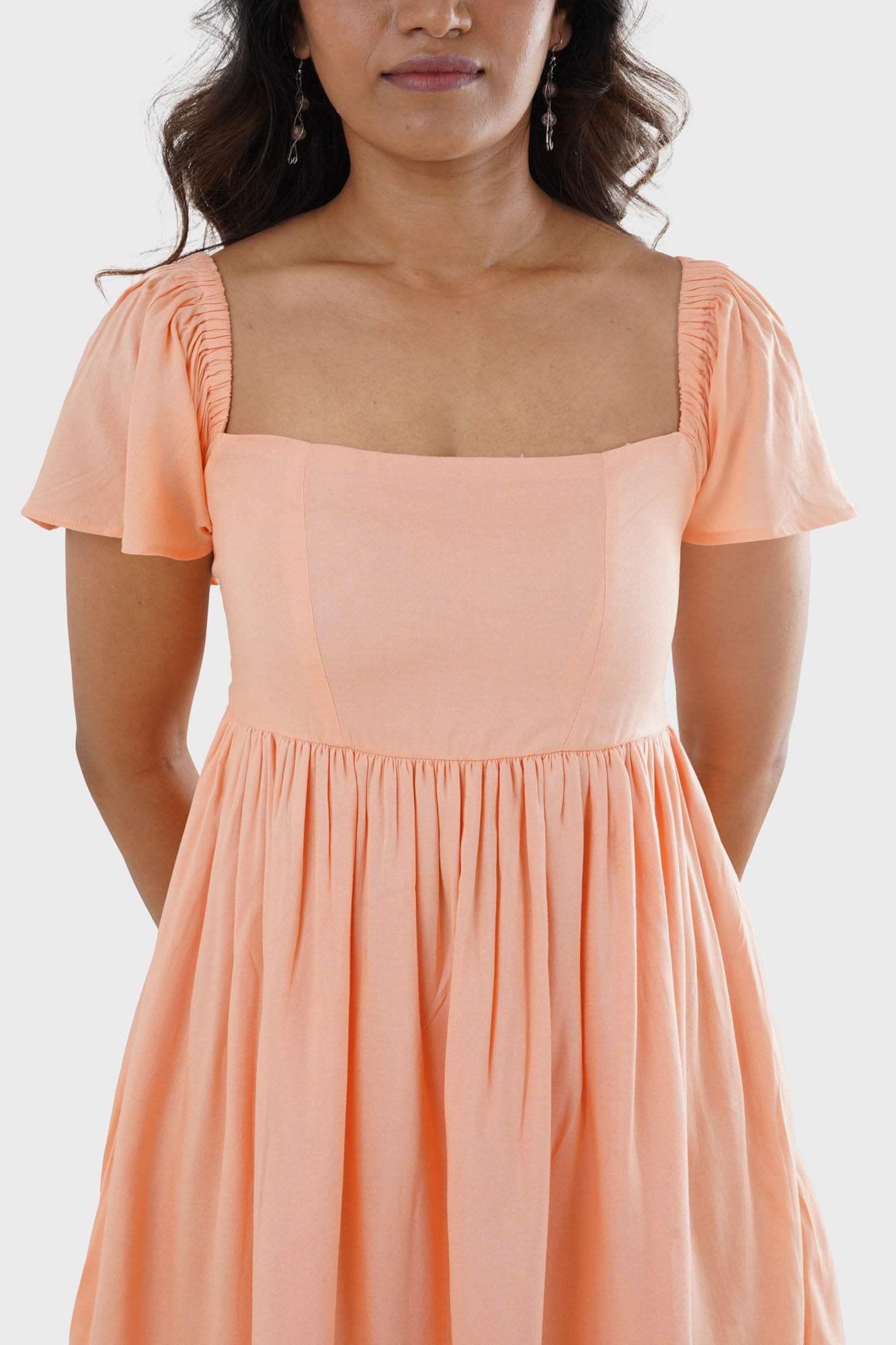 Seraphina Peach Lace Up Back Petite Dress, close up